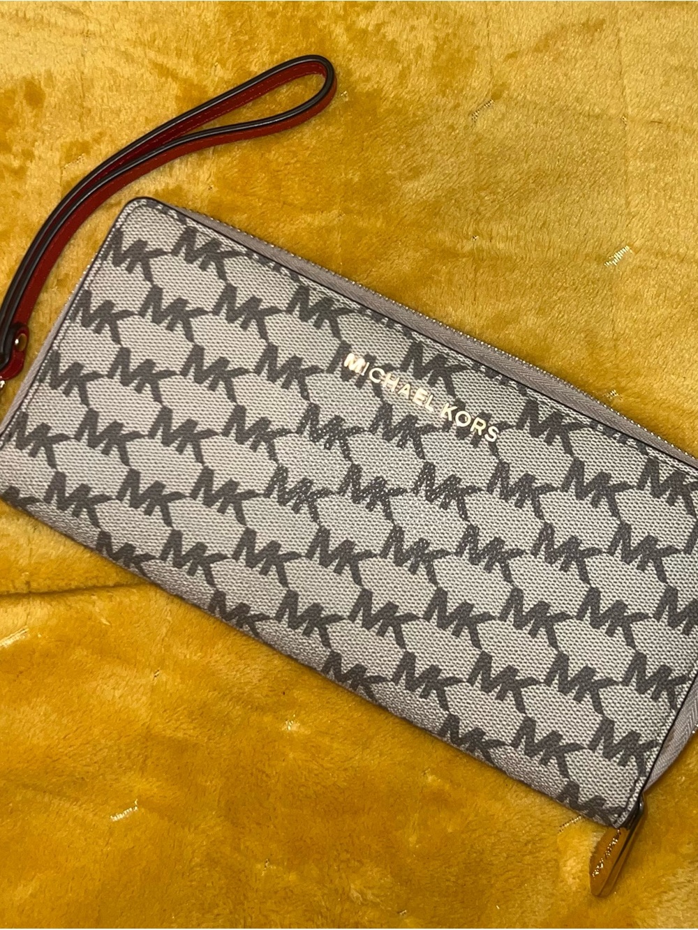 Michael Kors Gray MK Logo Zip Wristlet with Red-Trim Strap
